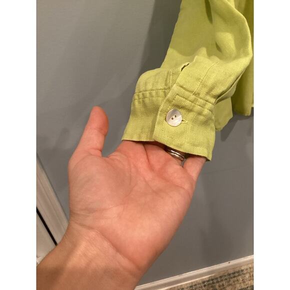 Womens Linen Button Up Shirt Size Large L XL Chartreuse Green Lagenlook Beach - Picture 7 of 8